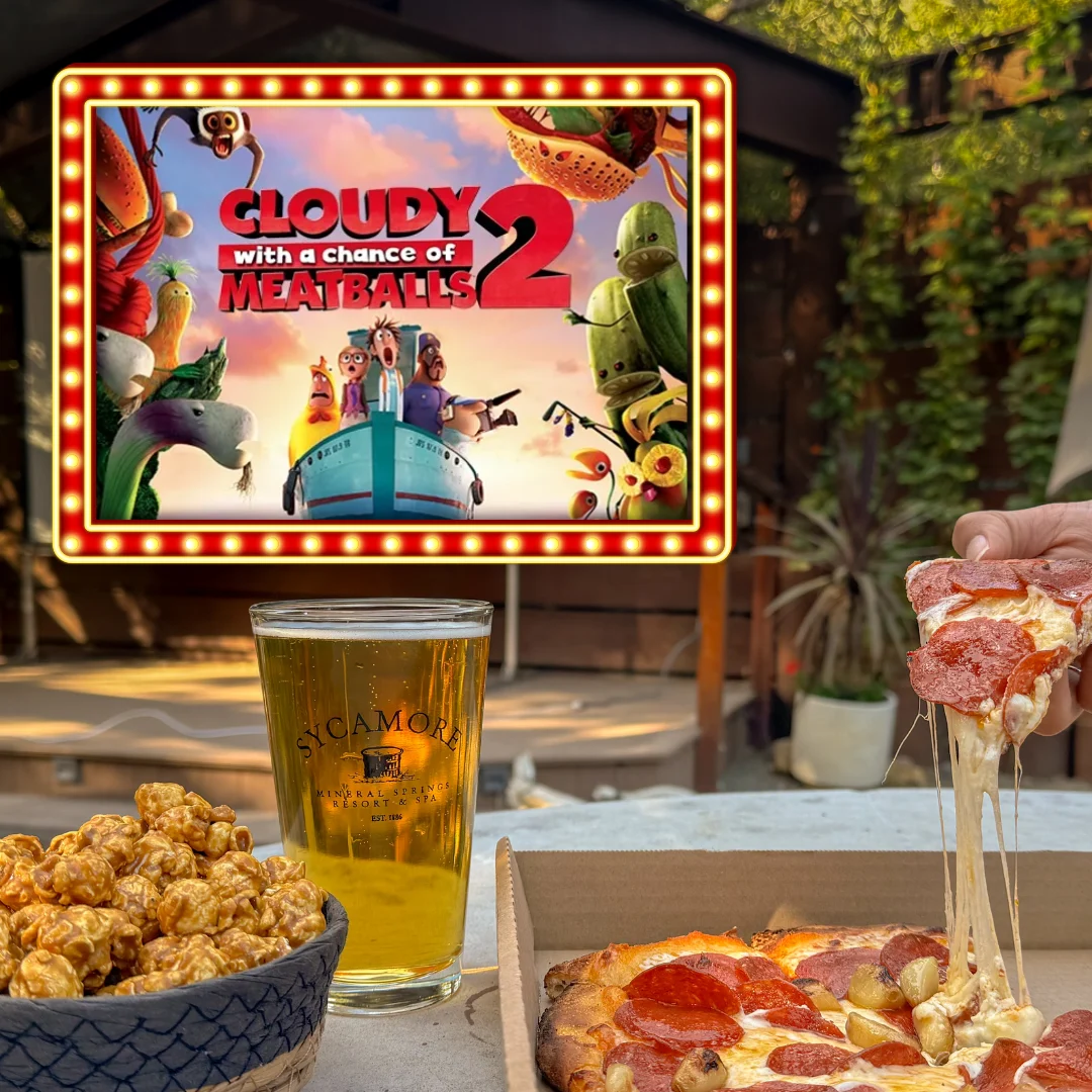Free movie night at Sycamore Mineral Springs and Resort Secret Garden featuring, Cloudy With a Chance of Meatballs 2!